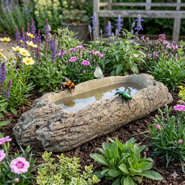 Rustikale Insektentränke, Vogeltränke Baumstamm - Gartendekoration